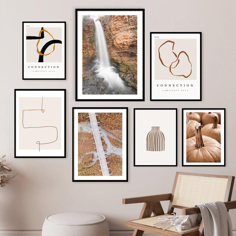 Schilfpflanzen Strand Boho Abstrakt Linien Kürbis Poster und Drucke Beige Wandkunst Leinwandmalerei für Wohnzimmer Heimdekoration