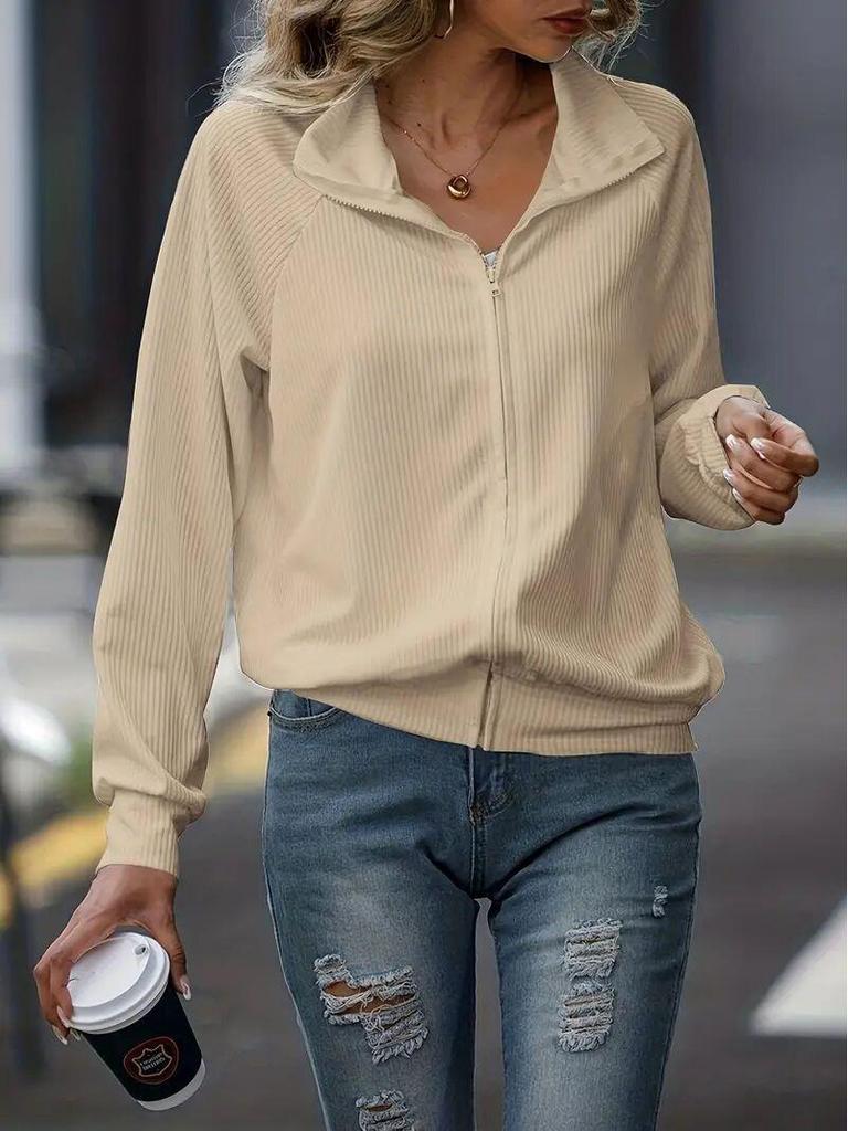 Women's Casual Autumn/Winter Knitted Jacket – Solid Color, Long Sleeve, Loose Fit, Zipper Closure.