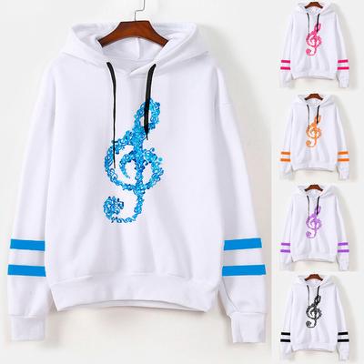 Womens Musical Notes Long Sleeve Hoodie Sweatshirt Hooded Pullover Tops Blouse