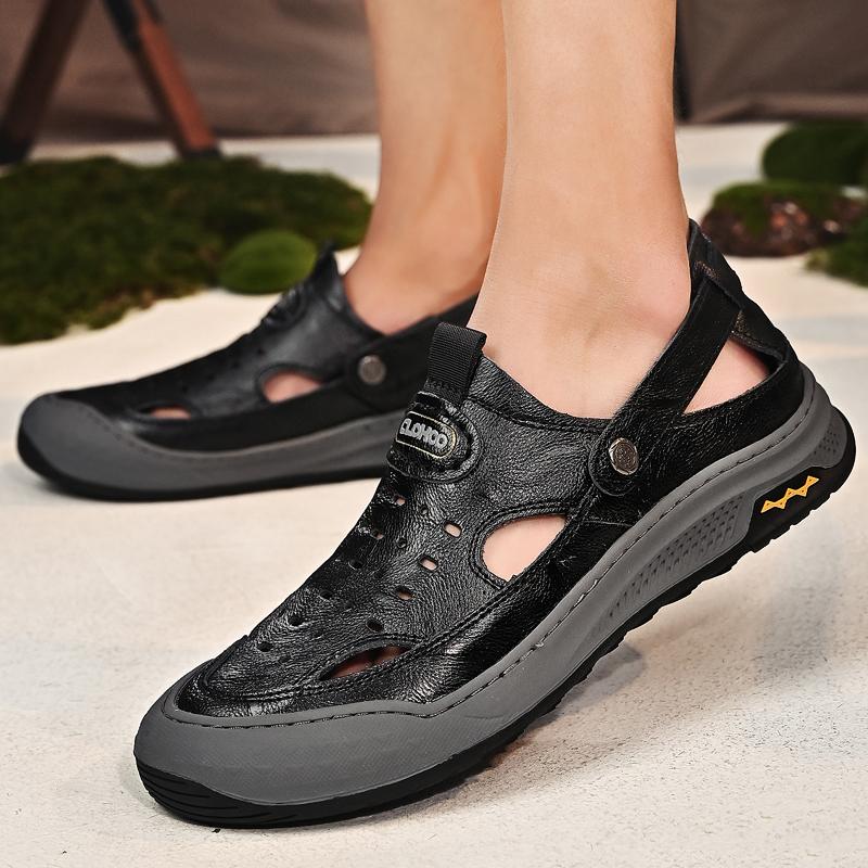 Fashion Summer Fashion New Men's Comfortable Two-layer Cowhide Toe Cap Sandals Brand Outdoor Men's Thick Soled Anti Slip Beach Shoes