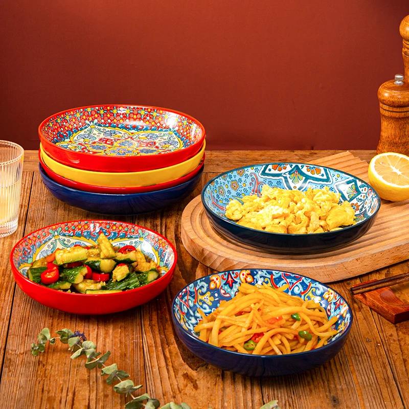 Bohemian Ceramic Plate 7-8 Inch Deep round Steak Fruit Dish Home Creative Tableware 1pc