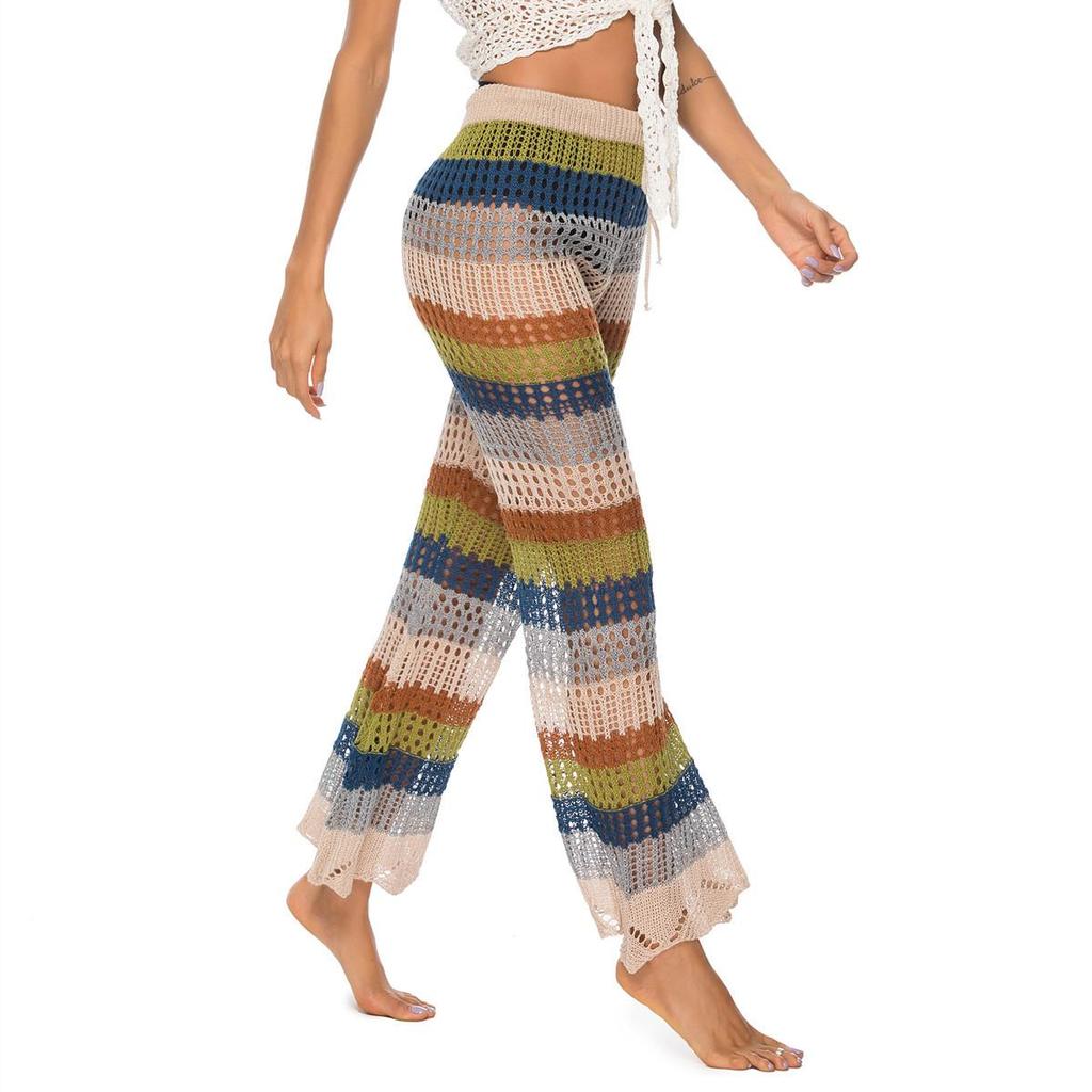 Women's Pants Flared Leg Hollowed Out Trousers Knitted Lace Up Beach Pants