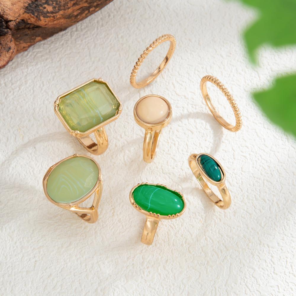 7pcs Set Luxury Retro Emerald Blending Resin Ring Set for Women Fashion Geometric Gold Color Simple Stackable Rings Jewelry Sets