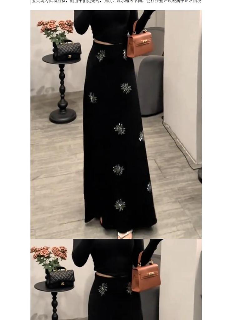 2025 Autumn French Design Black A-line Rhinestone Drape Skirt - Women's Slimming, Versatile, Long Half-Skirt