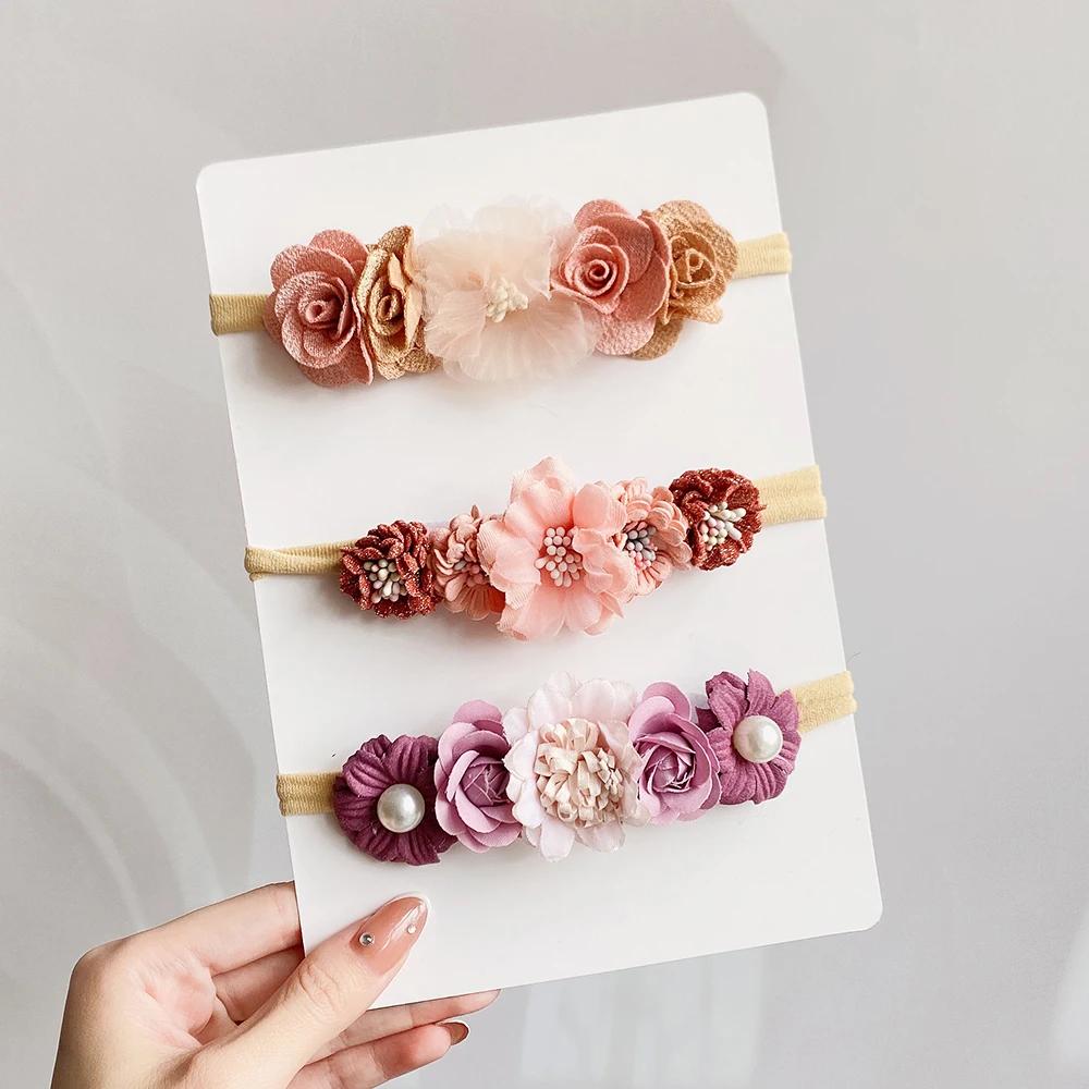 3/4Pcs Artificial Flower Headband for Kids Baby Girls Hair Band Set Floral Newborn Toddler Elastic Nylon Headwear Accessories