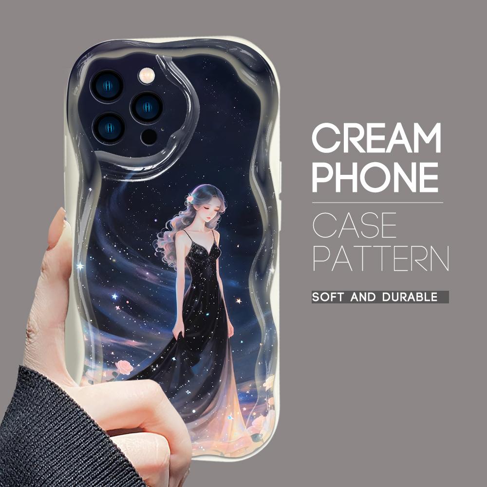 

Для iPhone 16 15 14 13 12 Pro Max Samsung S24 Ultra S23 S22 Plus Redmi Note 13 Pro Starry Sky Black Skirt Girl Cream Texture Soft Silicone Phone Case Redmi 12 5G