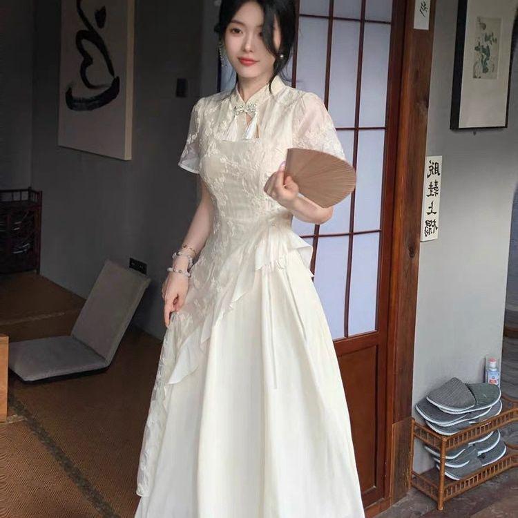 Women's Summer Cheongsam Dress with Tassel Embroidery – Youthful Chinese Style with Irregular Waist-Cinching Long Skirt