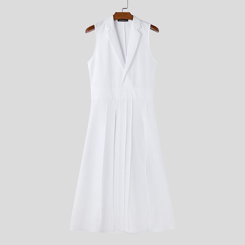 

INCERUN Летние мужские лацканы V-образный вырез без рукавов разрезы повседневная длинная туника майки L белый