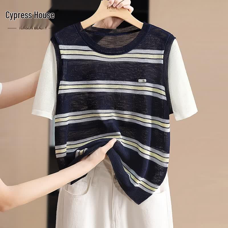 Women s Contrast Stripe Fake Two-Piece Knit Short Sleeve T-Shirt OS