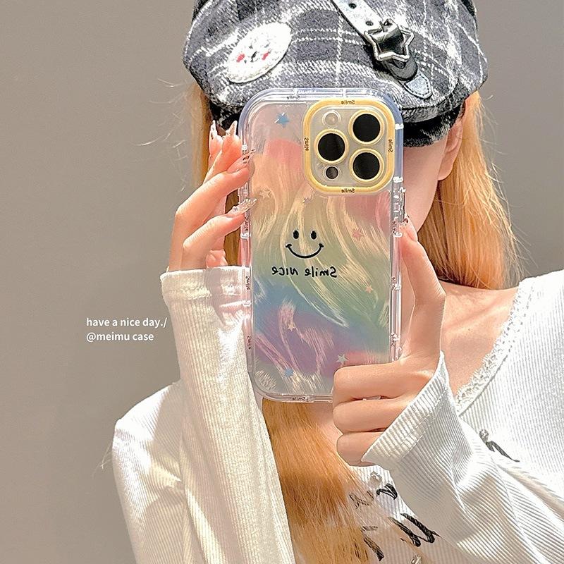 Regenbogen Lächelndes Gesicht Federgarn für Apple 16 Promax Handyhülle für IPhone 15 Neues Modell 14 Weiche Hülle 13 Airbag 12