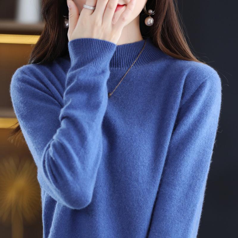 Women's Pure Wool Ribbed Sweater - Autumn/Winter Loose Fit Semi-High Neck Pullover