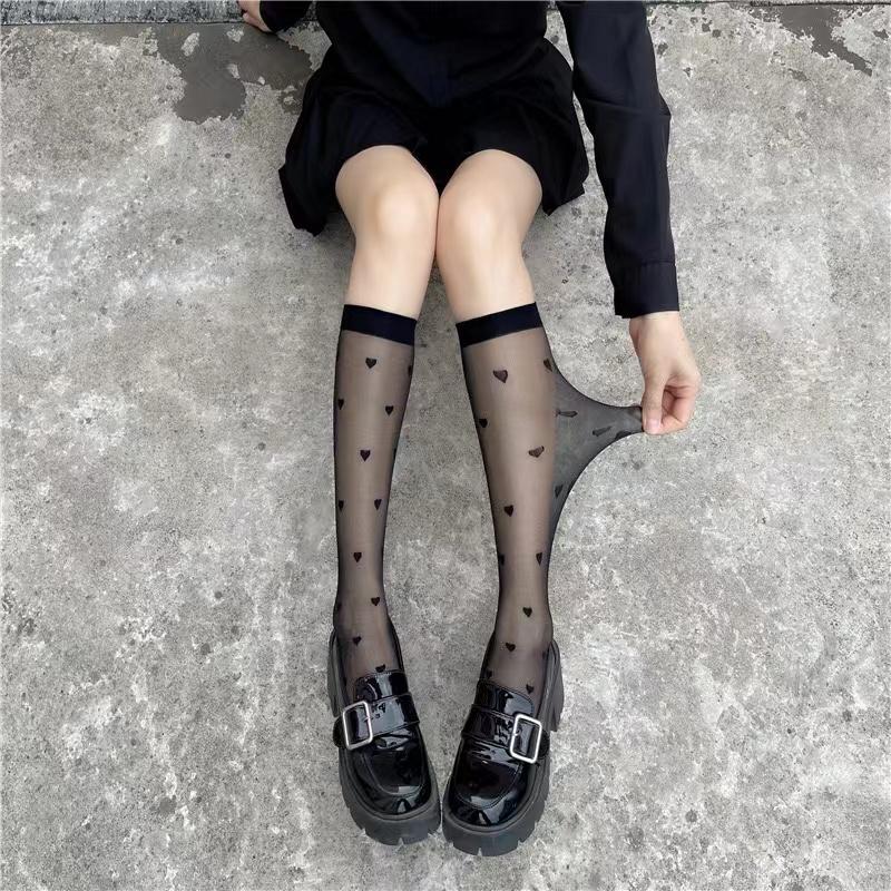 Koreanischer Lolita-Stil JK-Frauen, weiße und schwarze Schulstrümpfe, Mädchen, Herzdruck, japanische Kawaii, süße transparente kniehohe lange Socken