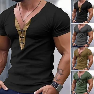 Men Summer Top V Neck SLim Fit Soft Short Sleeve Pullover Lace Up Solid Color Breathable Casual Mid Length Men Daily T-shirt