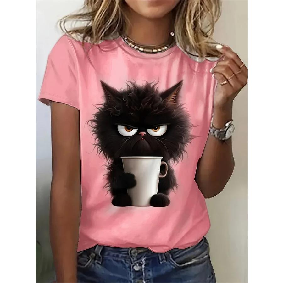 Cartoon Cat Printed Round Neck T Shirt Cotton Tee Summer Spring Season Short Sleeve Casual Tops Harajuku Women's Breathable Short Sleeve