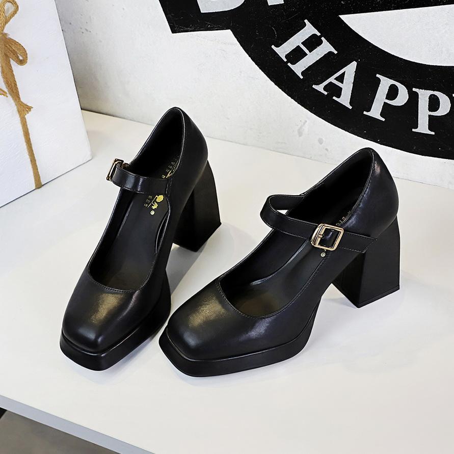 Talon épais, Talon carré, Talon haut, Plateforme imperméable, Bout carré, Décolleté bas, Boucle de ceinture, Bride droite, Chaussure simple pour femme