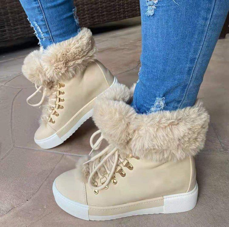 Women's European & American Winter Snow Boots with Long Fur, Leather Surface, Cross-Border Style, Plus Velvet, Large Size, Thickened Martin Boots