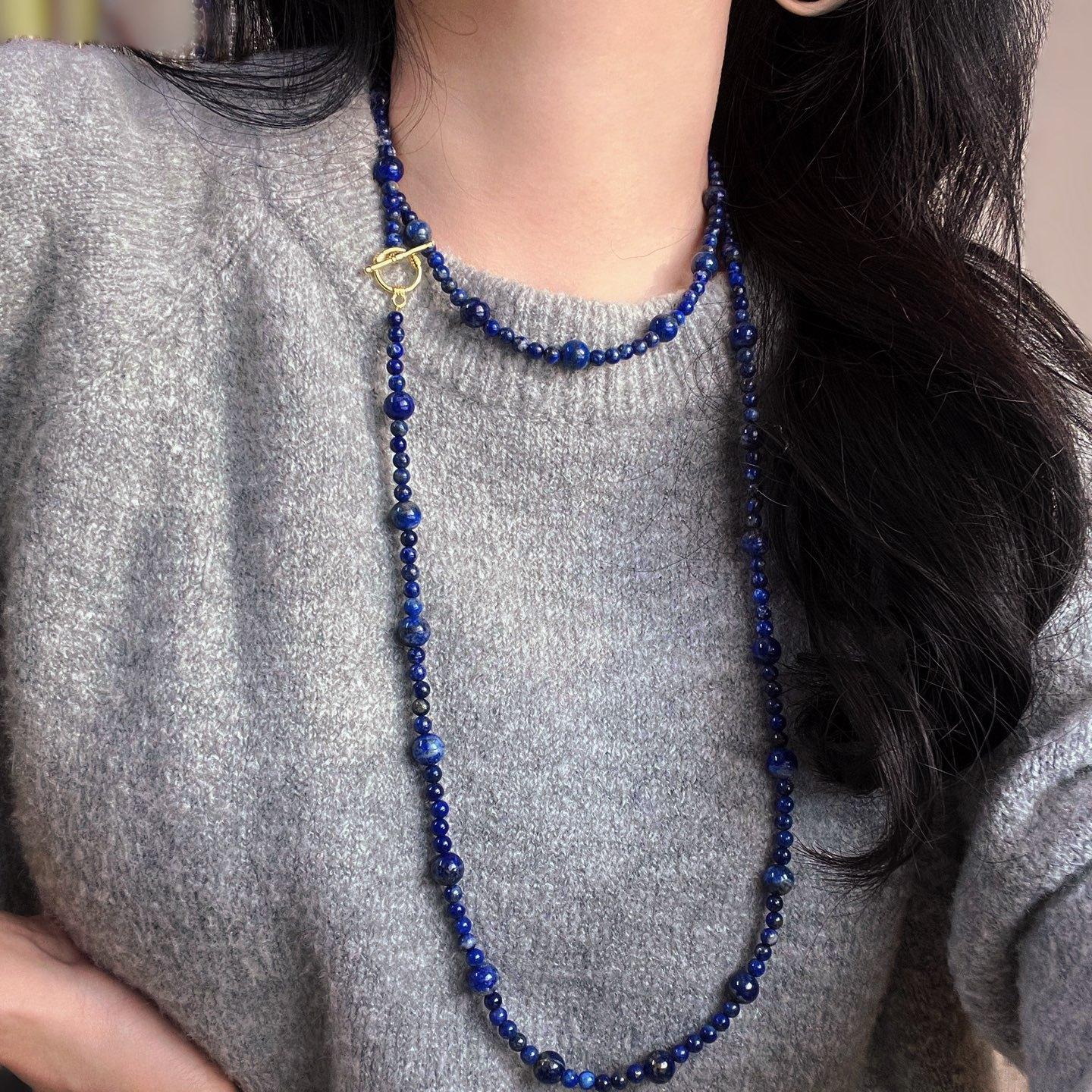 High Quality Natural Lapis Lazuli Gradual Change Smile Collarbone Chain Necklace Long Sweater Chain Women