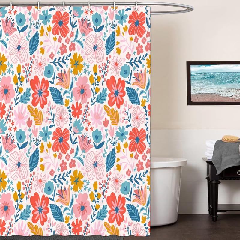 Boho Style Flower Shower Curtain,Pink Red Blue Yellow Watercolor Floral Plant Black Shower Curtains,Chic Print Design Flower Shower Curtain with 71 W x 71 L (Pack of 1)