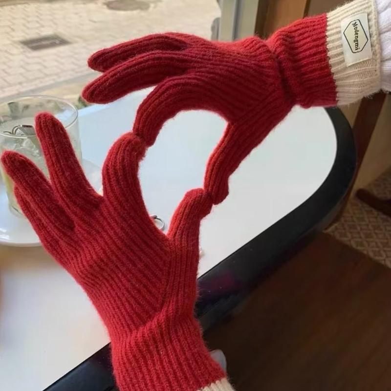 Womens Warm Knitted Full Finger Gloves Outdoor Riding Touchable Screen Colorblock Letters Label Decor Thermal Mittens