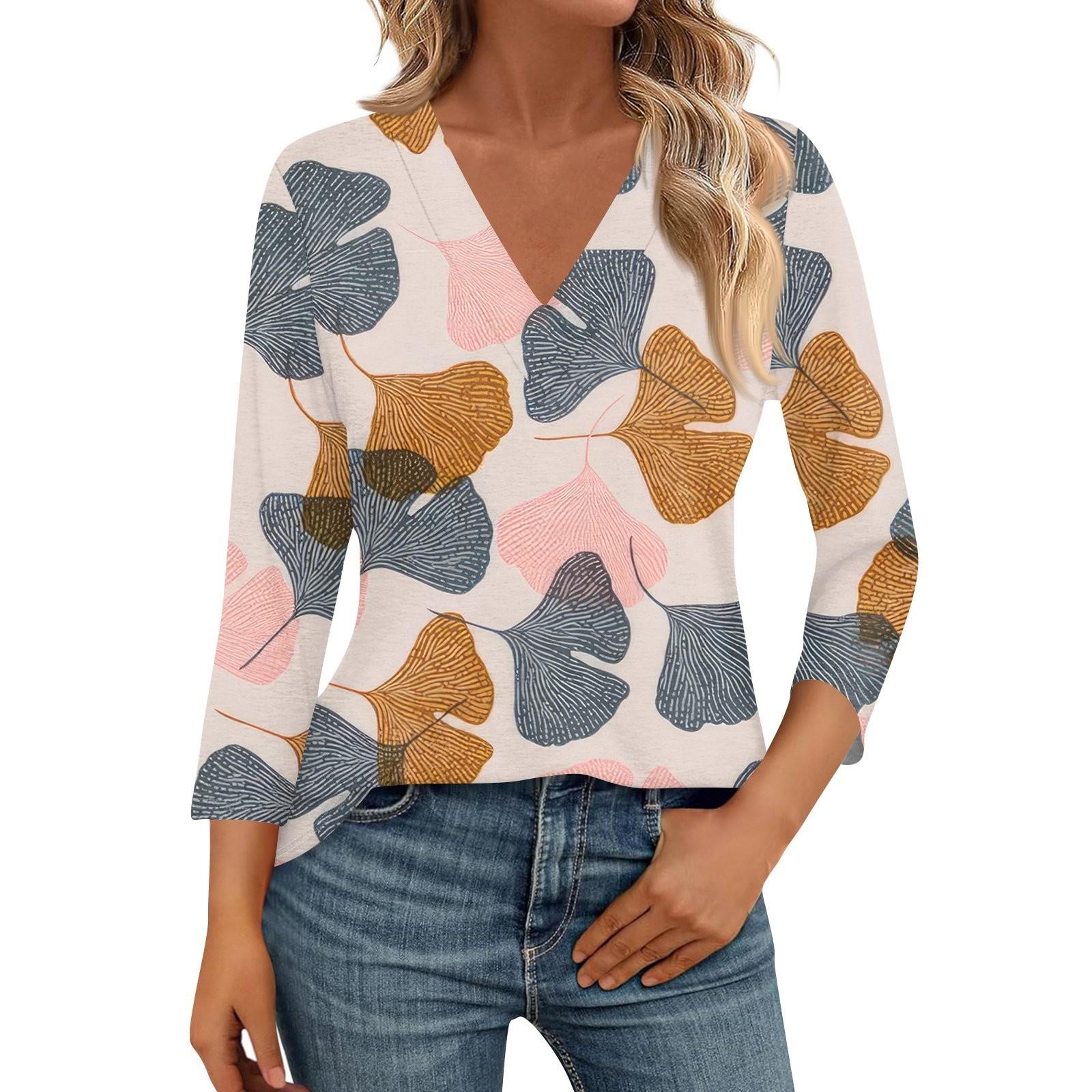 

Женские рубашки с рукавом 3/4, топы с принтом и V-образным вырезом, повседневные топы, базовые футболки, блузки, свободные топы L бежевый