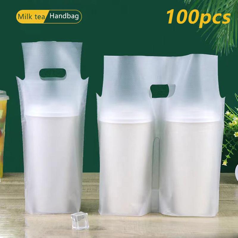 100Pcs Single/Double Cup Milk Tea Packaging Bags Frosted Transparent Disposable Beverage Plastic Bags Coffee Takeout Tote Bag