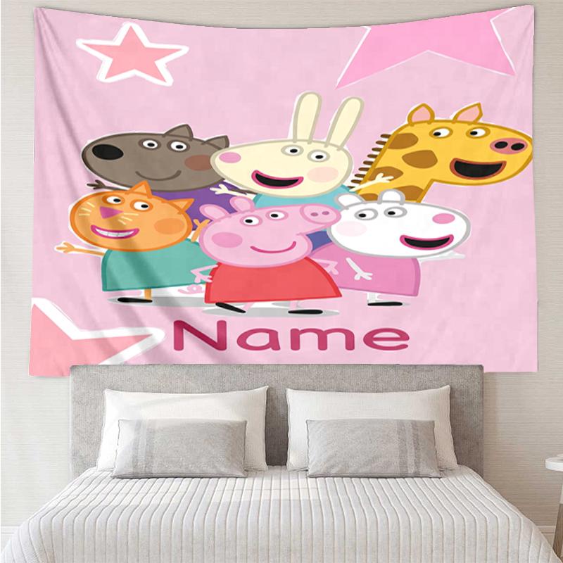 Custom Name Peppa Pig Print Tapestry, Backdrop, Easy Setup, Ideal for Bedroom, Office & Living Room, with Aesthetic Wall Hanging Decor.