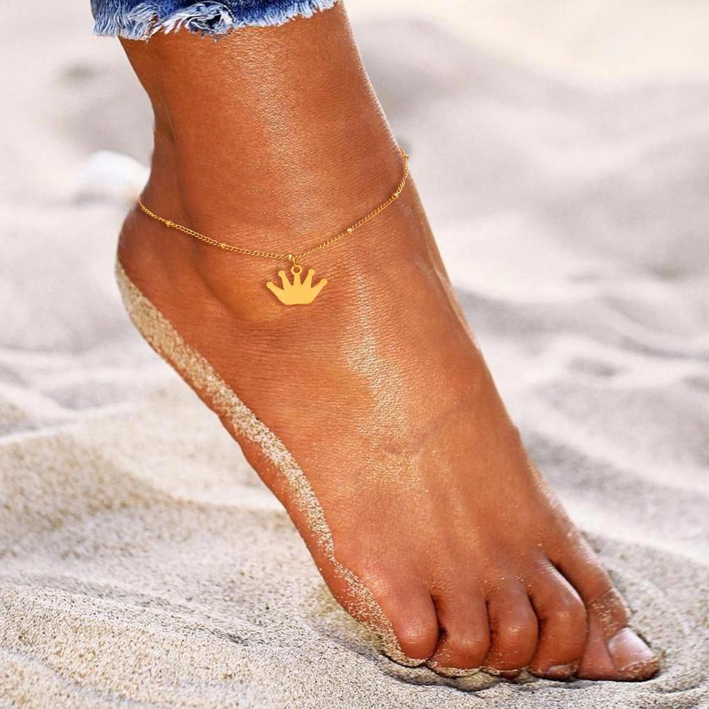 Simple Gold Plated Crown Anklet Stainless Steel Beaded Ankle Bracelet for Women Dainty Foot Chain Jewelry Summer Accessories