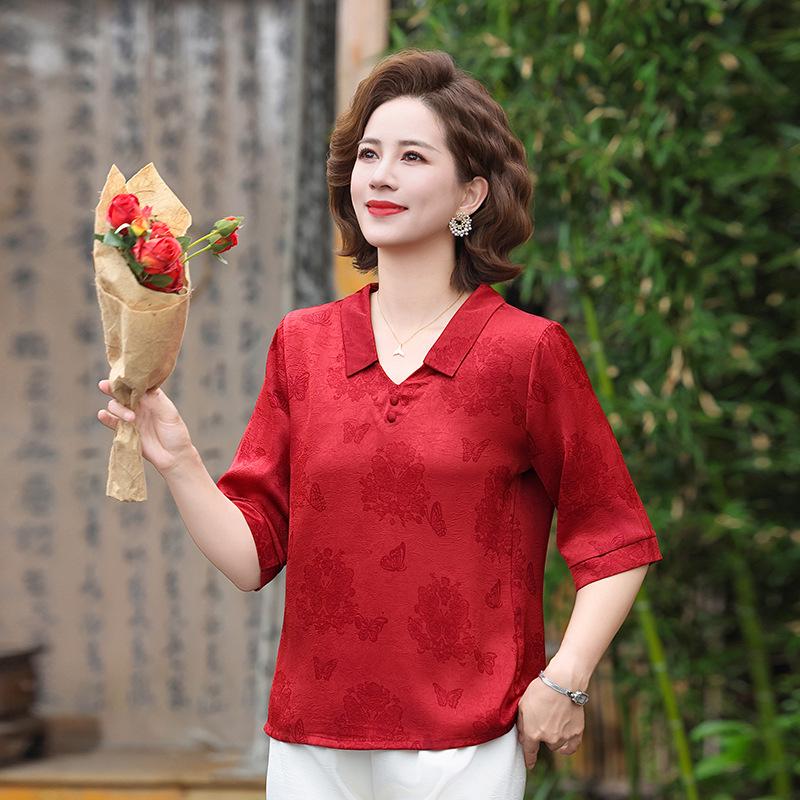 

Elegant Lapel Five-Sleeve Top for Middle-Aged and Elderly Women - Stylish, Age-Reducing, Plus Size, Versatile Summer Wear 3XL красный
