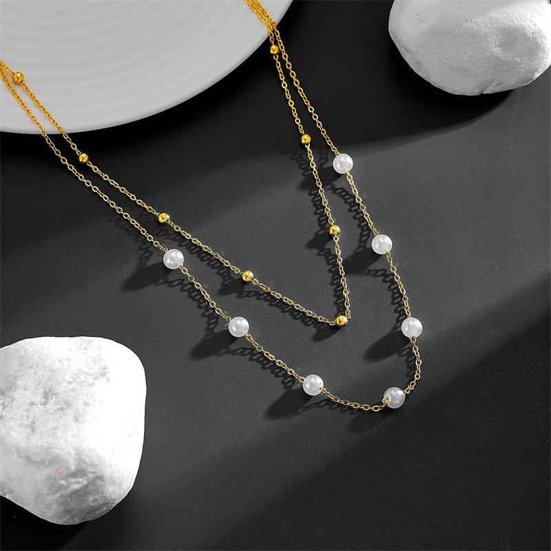 Koreanischer Stil Titan Herz Halskette - Doppellagige Perlen Schlüsselbein Kette, 3D Glatte Oberfläche, Farbbeständig, Einfaches & Elegantes Design