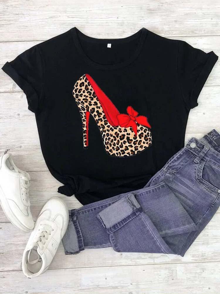 Modisches bedrucktes High-Heel-T-Shirt für Damen Modisches weißes Kurzarm-T-Shirt mit Schleifendesign Lässiges Home-Top für Mädchen