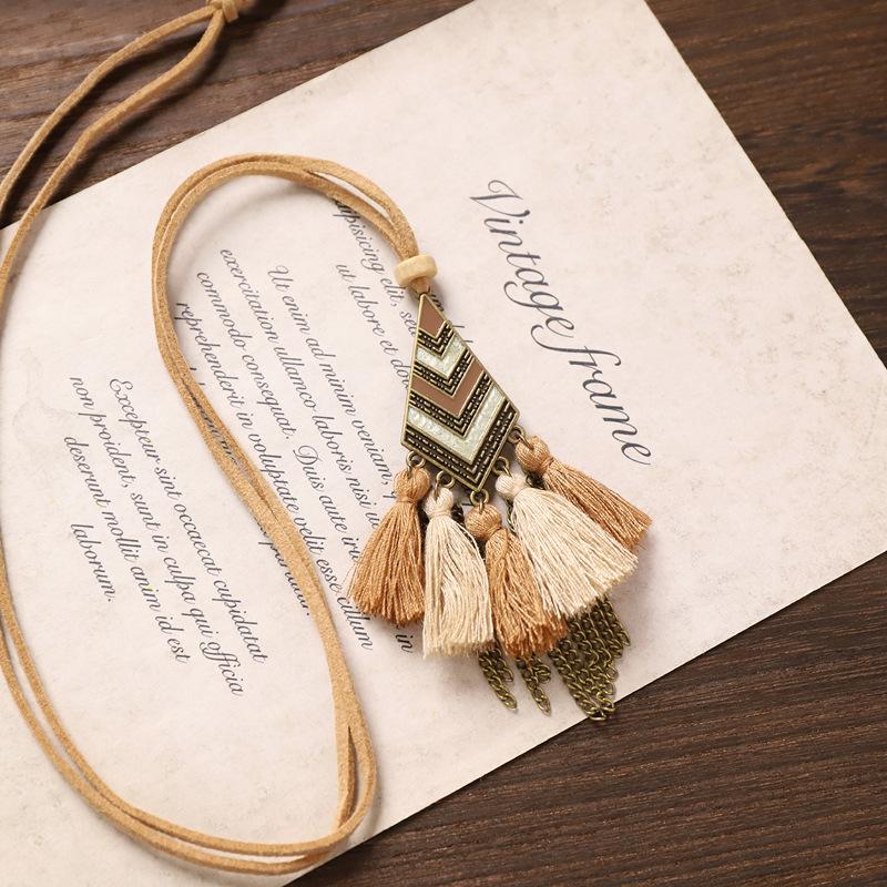 Lady Bohemian Style Long Necklace with Vintage Fringed Sweater Chain