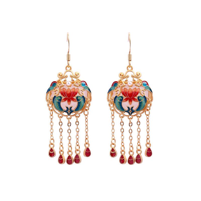 Chinese Palace Style Enamel Fish Earrings with 925 Sterling Silver, Colored Glaze, Imitation Hetian Jade Tassels