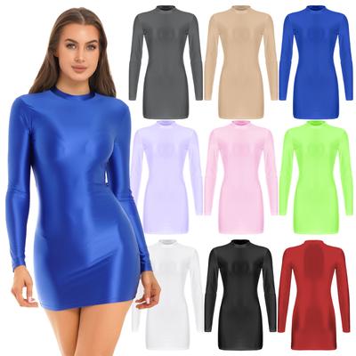 Bayan Parlak Uzun Kollu Bodycon Elbise Gecelikler Düz Renk Pürüzsüz Esnek Mock Boyun Dar Elbiseler