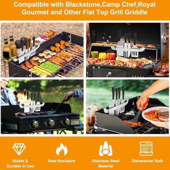 2Pcs Magnetic Griddle Spatula Holder Grill Barbecue Tool Rack Frying Pan Spatula Rack Stainless Steel Griddle Accessories