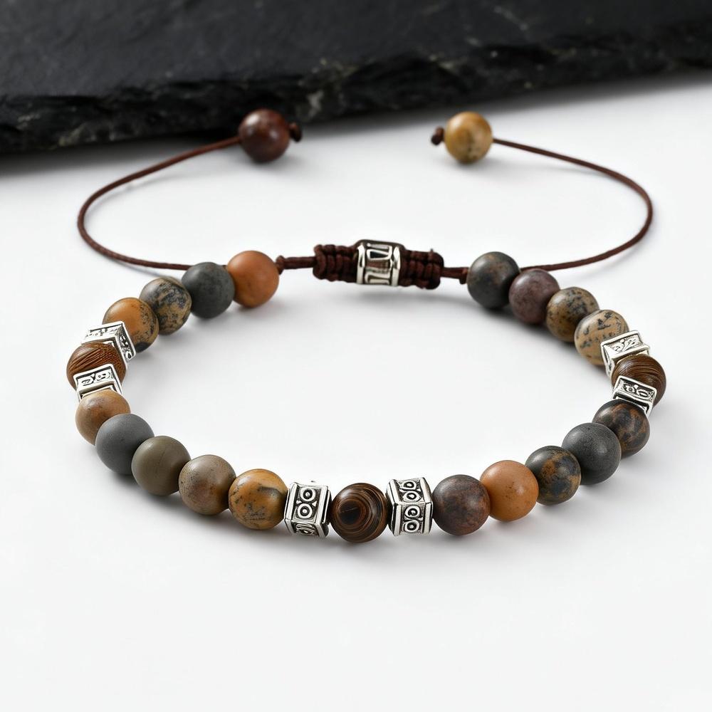 Vintage Beaded Bracelets for Men,Brown Natural Stone Adjustable Beaded Bracelet,Casual Jewelry Gift for Him