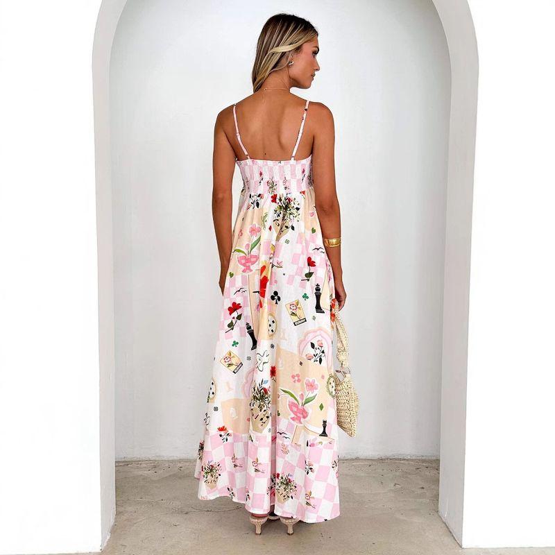 2025 European and American Foreign Trade Summer Fashion Print Backless Sling Sexy Big Hemline High Waist Dress Women