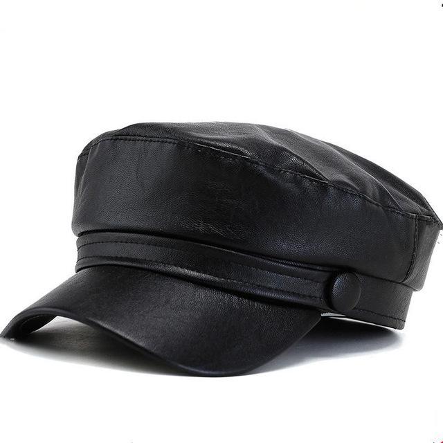 Korean Style PU Leather Sailor Beret - Octagonal Flat Top Women's Trendy Hat for Autumn/Winter