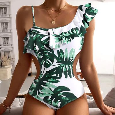 One Piece Swimsuit for Women Cut Out Design Ruffle Detail Asymmetric Strap Leaf Print Beachwear Swimwear
