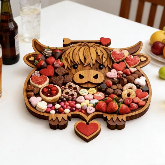 Highland Koe Charcuterieplank Rustieke Serveerplank met Compartimenten Houten Schaal voor Kaas Fruit Snacks Feest