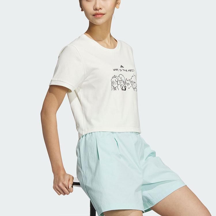 Adidas Printed Anime Cropped Round Neck Short Sleeve T-Shirt Women Tops White JN6663
