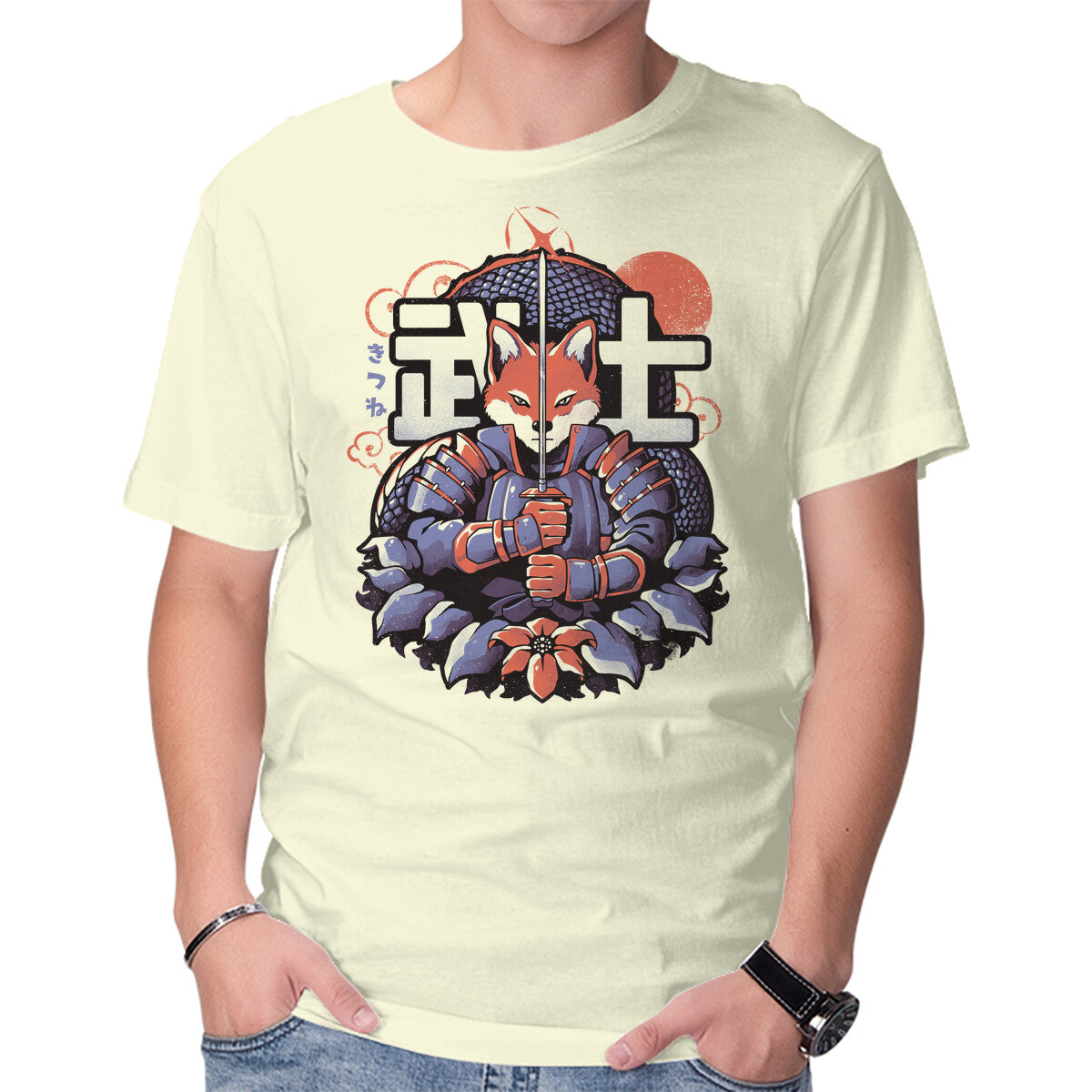 Unisex Crew Neck T-Shirt Samurai Fox Graphic Short Sleeve Casual Tee M