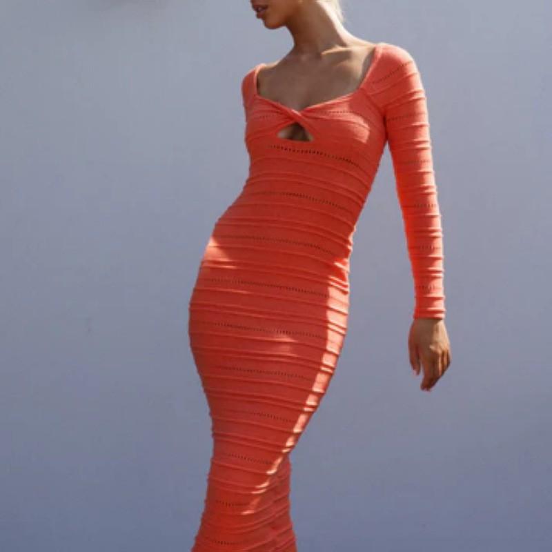 Sexy Knit Midi Dress With Cutout Detail Long Sleeve U-Neck Bodycon Fit Streetwear Style Small оранжево-красный