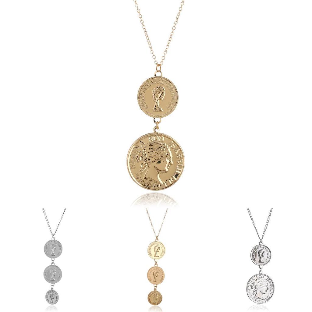 Euro Style Coin Pendant Necklace With Multilayer Water Wave Chain For Women Men