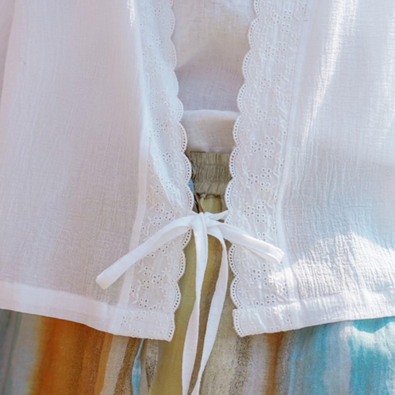 Johnature Damen-Sommerhemden, weiße Vintage-Baumwollblusen, Gürtel, lockere lässige Oberteile, V-Ausschnitt, lange Ärmel, Damen-Spitzenhemden