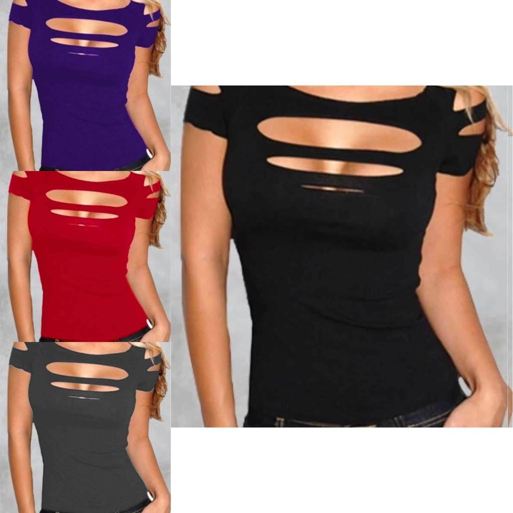 Premium Quality Summer Women's T-shirt Short Sleeve Broken Style Stretch Blouse For Nightclub