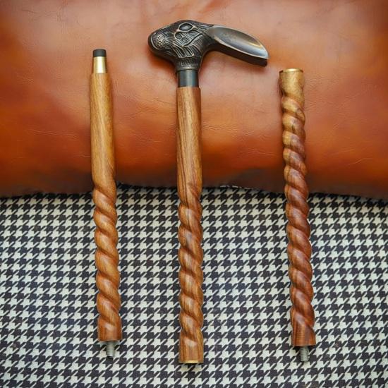 Antique Brass Rabbit Head Walking Cane Handmade Spiral Wood Stick Home Decor