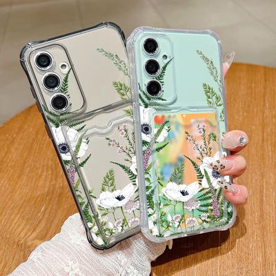 Schokbestendige kaartsleuf siliconen zachte mobiele hoes voor Samsung S24 FE S23 S22 Ultra A16 A15 A55 A54 A35 Eenvoudige bloemen slanke transparante bescherming telefoonhoes