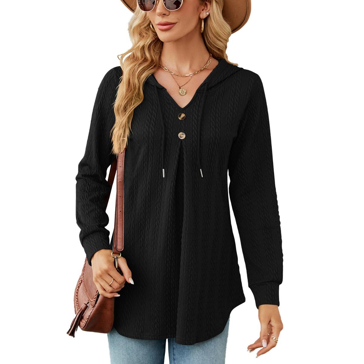 

Women s V-neck Loose Long Sleeve Hooded Sweatshirt Coat Fall Winter Casual Outerwear for Europe America Cross-border Women Clothes S чёрный