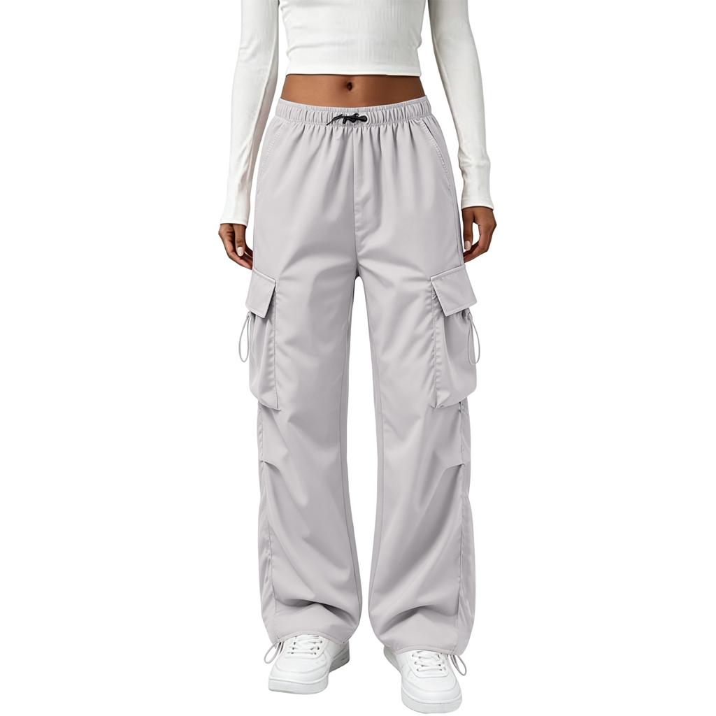 Women's Vintage Straight Leg Cargo Pants Elastic Waistband Drawstring Adjustable Hem Utility Workwear Trousers