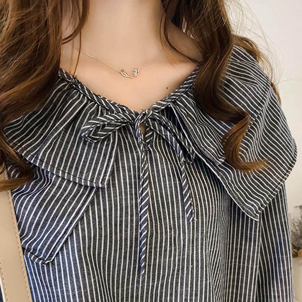 Fashion Women Casual Striped Ladies Long Sleeve Ruffles Loose Tops